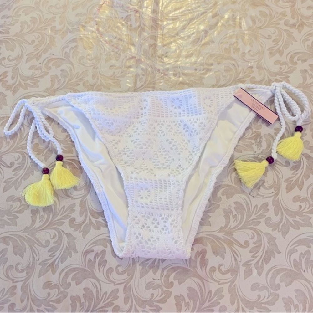 NWT Victorias Secret Swimsuits String Bikini Bottoms White & Yellow Sz Small